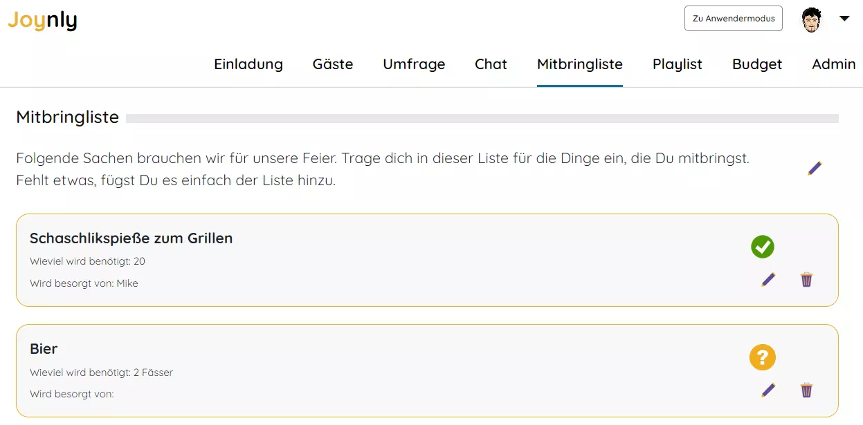 bring list overview